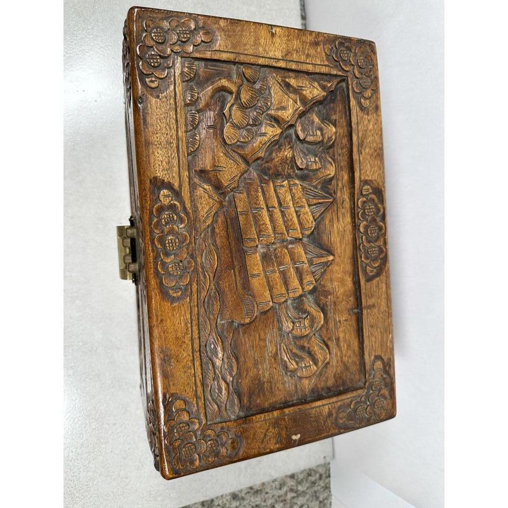 VTG Chinese Handcarved Wooden Trinket Jewelry Box Brass Pin Latch Scenic Decor - Picture 2 of 7